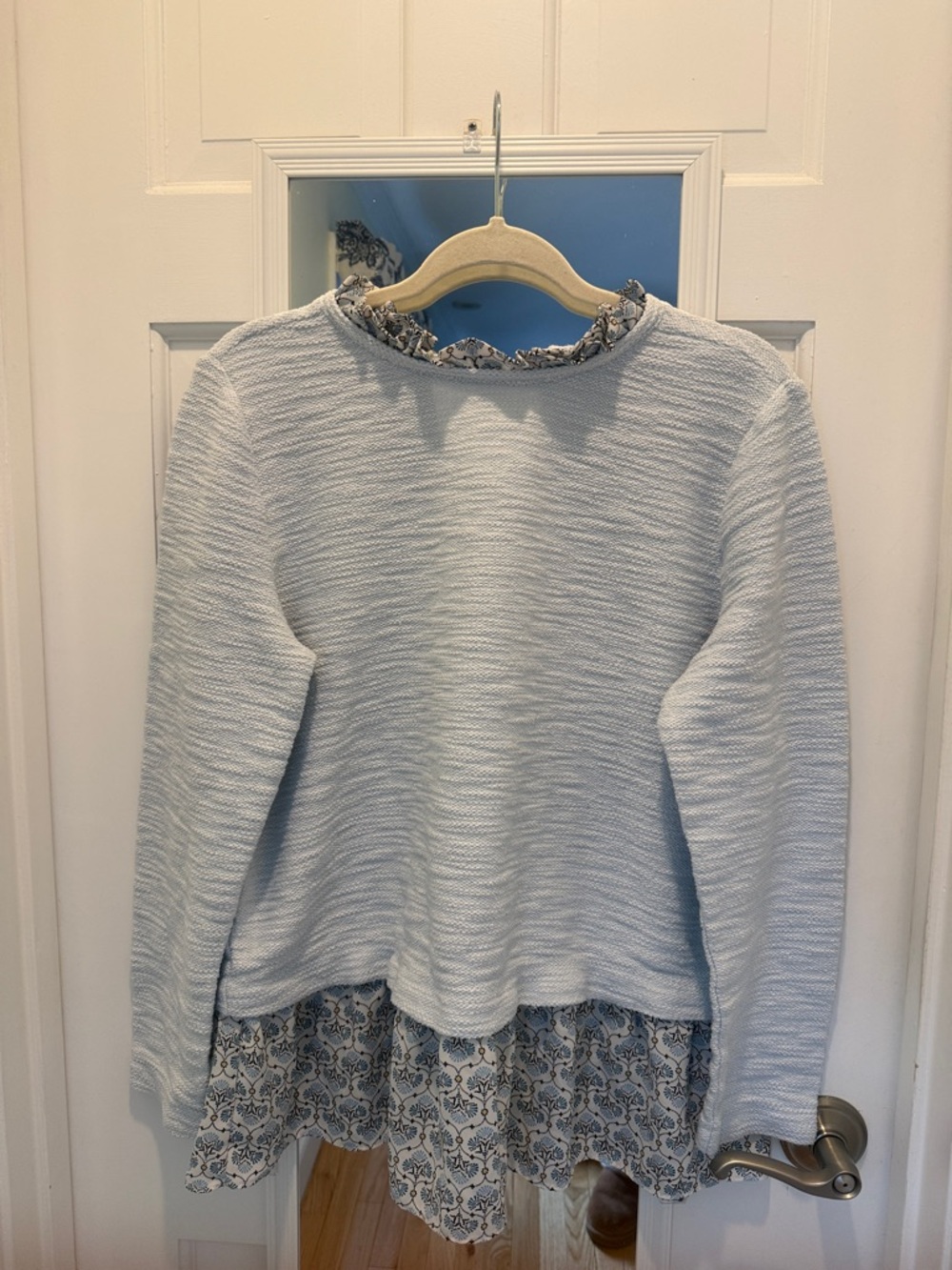LOFT Light Blue Knit Sweater with Floral Trim
